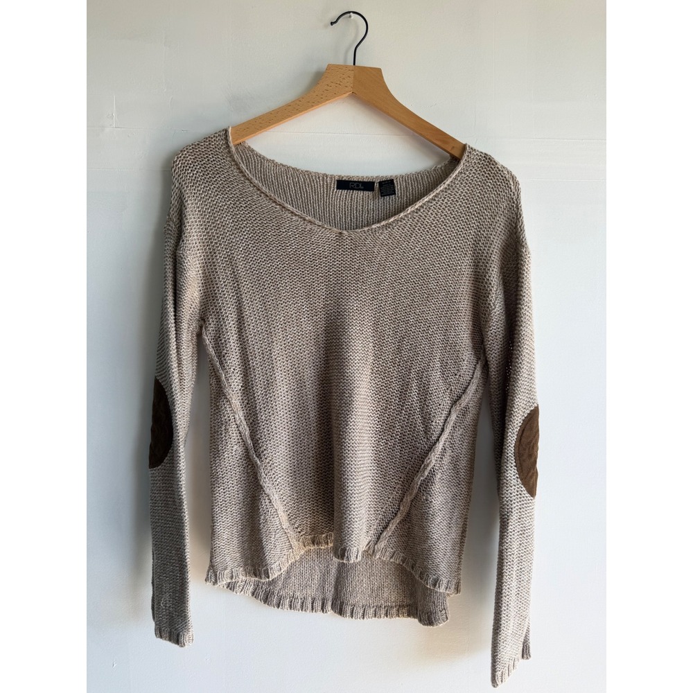 RDI Womens V-Neck Knit Sweater Tan Cabincore Earthy Elbow Patches S